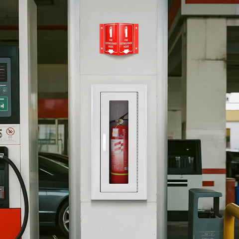 Recessed Fire Extinguisher Wall Cabinet In Galvanized Steel For 10 Lb Extinguishers, Magnetic Door, White Acrylic High Position Sign shown installed