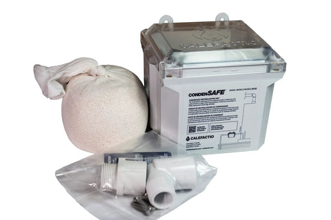 CondenSAFE CS2 Condensate Neutralizer Kit For Your Residential Condensing Gas Boilers Water Heaters with accessories displayed