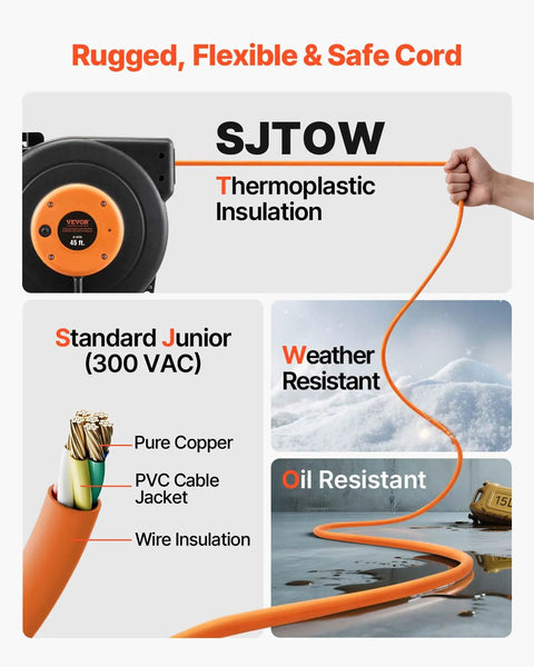 Heavy Duty 45 Ft Retractable Extension Cord Reel With Lighted Triple Tap Outlet, 15 Amp Circuit Breaker, 12AWG 3C SJTOW Cord, 180 Degree Swivel Bracket For Ceiling Or Wall Mount, Weather Resistant And Tangle Free, orange SJTOW cord insulation