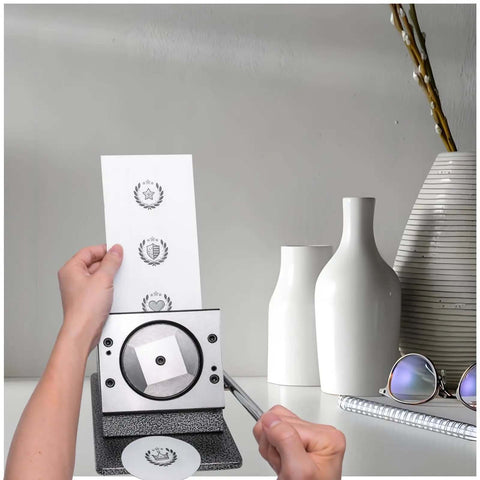 Using 3 Inch Badge Button Maker Die Cutter for circle graphics, featuring heavy duty metal base, sharp steel blade cutting A4 paper