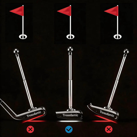 Magnetic Alignment Rods For Irons And Wedges, Telescopic Golf Training Aid showing club face alignment with flags