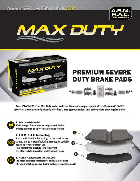 Max Duty brake pads packaging with product details and images of premium severe duty brake pads.