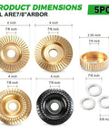Pro Grade Five Piece Wood Carving Disc Set For 4 And 4.5 Inch Angle Grinders With 7/8 To 5/8 Inch Arbor showing disc dimensions