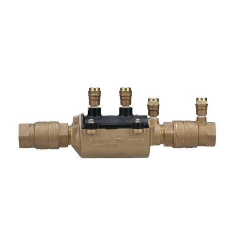 Heavy Duty 1 1 2 Inch Double Check Backflow Preventer For Non Potable Water with brass body and multiple connections.