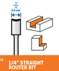 Diagram of 1/4" straight router bit for woodworking with focus on square grooves and dadoes applications, 6.4 mm cutting diameter.
