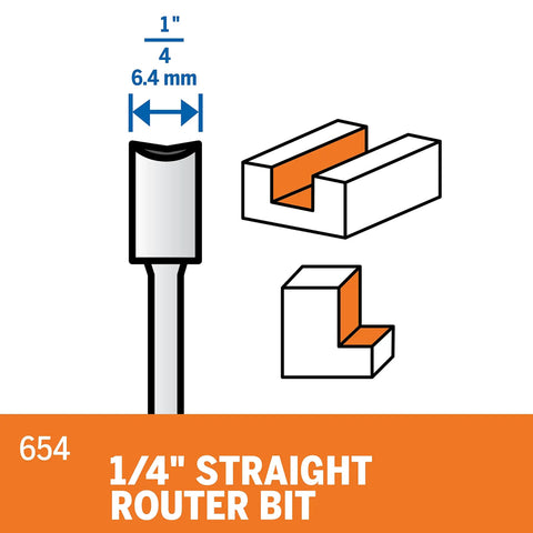 Diagram of 1/4" straight router bit for woodworking with focus on square grooves and dadoes applications, 6.4 mm cutting diameter.