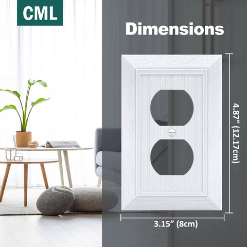 Beadboard Wall Plate 1-Gang 20 Pack Vintage Duplex Outlet Covers White Wood Grain Retro Switch Plates Standard Size 3.15 by 4.87 Inches Impact Resistant Polycarbonate Durable For High Traffic, showing measurements next to modern living room decor.