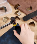 Leather Corner Punch Set With 15 Size Triangular Edge Trimmers and Circle Cutter Kit in use on leather, high carbon steel tools visible
