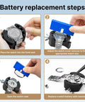 All In One Watch Battery Replacement Tool Kit With Adjustable Case Opener Back Remover Tweezers And Precision Screwdrivers For Easy DIY Watch Repair And Maintenance in use, showing battery replacement steps.