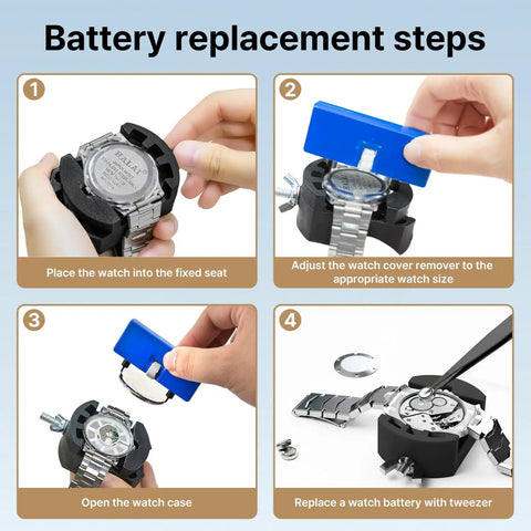 All In One Watch Battery Replacement Tool Kit With Adjustable Case Opener Back Remover Tweezers And Precision Screwdrivers For Easy DIY Watch Repair And Maintenance in use, showing battery replacement steps.