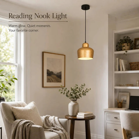 efperfect 7.5 in Gold Pendant Light Fixture, Modern Kitchen Island Lighting glowing above a cozy reading nook.