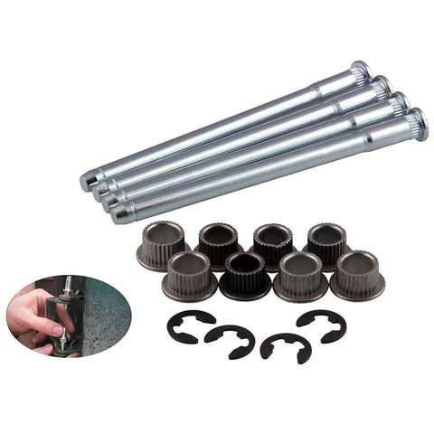 Door Hinge Pin And Bushing Repair Kit Zinc Plated Steel Beefed Up Heavy Duty Replacement For Chevy GMC Fullsize Trucks And SUVs 1988 To 2002 Includes 4 Pins 8 Bushings And 4 E Ring Clips Easy Install, parts laid out