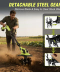 Man using 21V Cordless Tiller Cultivator With Two Batteries, Brushless Electric Garden Tillers With 48 Steel Tines on soil