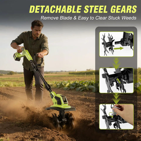 Man using 21V Cordless Tiller Cultivator With Two Batteries, Brushless Electric Garden Tillers With 48 Steel Tines on soil
