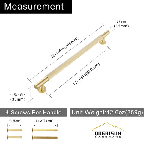 Measurement of Two Pack Solid Brass Cabinet Pulls With Grooved Gold Bar Handles, showing 12.6 inch center to center, brushed brass finish.