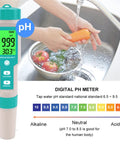 Five In One Digital Pool Salt Tester With Salinity PH TDS EC And Temperature Readout next to a kitchen sink with vegetables