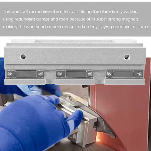 Dope Magnetic Bevel Jig For Knife Making And Metal Grinding used by gloved hands, showcasing bevel sharpening on metal edge.