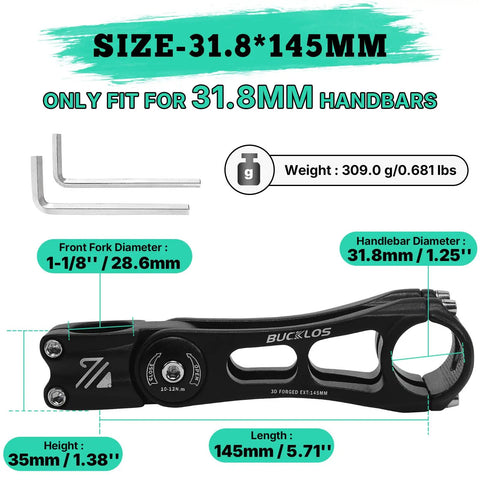 Versatile Adjustable Bike Stem Riser For 31.8mm Handlebars And 28.6mm Fork, showing size and dimensions chart.