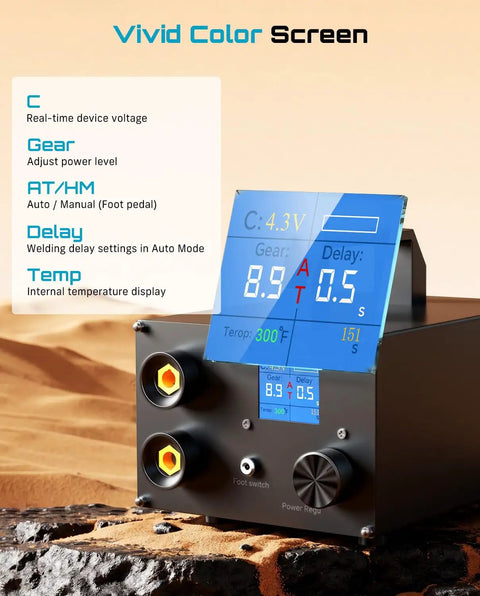 Beast 10KW Capacitive Battery Spot Welder display showing voltage, power level, and welding delay settings on vivid screen