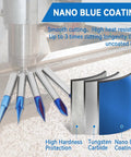 Heavy Duty CNC Wood Carving Router Bits Set Featuring Five Slick Nano Coated V Shape Engraving Tools and Straight Cutting Edges with a Rock Solid One Quarter Inch Shank for Gnarly Detail Projects and Badass Milling Tasks showcasing nano blue coating benefits.