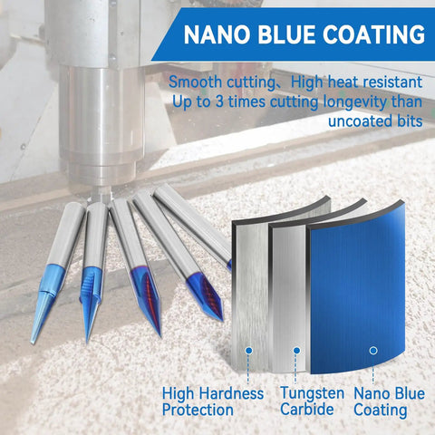 Heavy Duty CNC Wood Carving Router Bits Set Featuring Five Slick Nano Coated V Shape Engraving Tools and Straight Cutting Edges with a Rock Solid One Quarter Inch Shank for Gnarly Detail Projects and Badass Milling Tasks showcasing nano blue coating benefits.