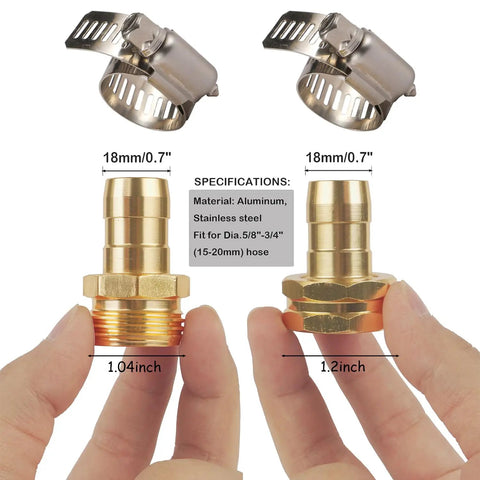 Hands holding components of 4 Pack Garden Hose Repair Kit With 3/4 Inch And 5/8 Inch Hose Couplers, Aluminum Mender Set.