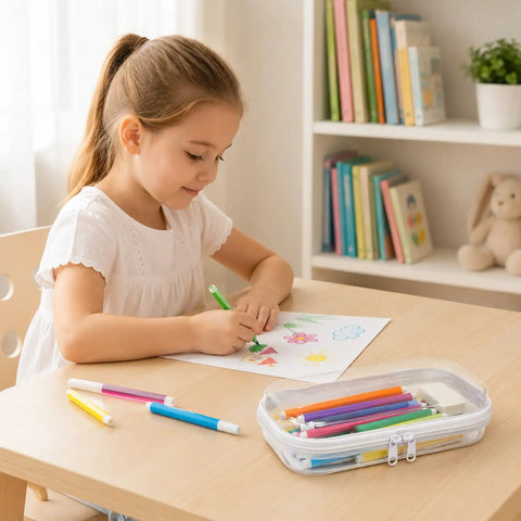 Child drawing with markers beside a 7 Inch Clear Hard Shell Zipper Case Set With Double Zippers holding colored pens