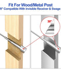 Diagram of 50 Pack 3/8 Inch Angle Beveled Cable Railing Washers installed on wood and metal posts, showing 30-degree bevel.