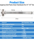 Badass Commercial Door Push Panic Bar with Stainless Steel Lever Handle 31 Inch Exit Device size diagram showing dimensions and features.