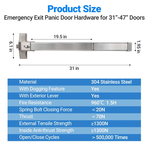 Badass Commercial Door Push Panic Bar with Stainless Steel Lever Handle 31 Inch Exit Device size diagram showing dimensions and features.