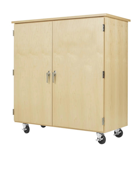 Top Tier Storage Cabinet For Makerspaces And Classrooms 50X24X53 Light Wood Finish With Chemical Resistant Top And Five Compartments, closed