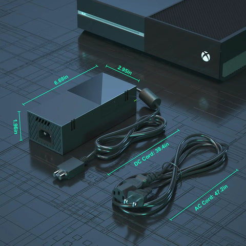 Xbox One Power Supply Adapter Replacement Brick 100 240V Global Voltage Compatible With Xbox One And Xbox 360 DC 22V Output Quiet Durable With Efficient Cooling Fan For Smooth Gaming Gamer Ready, black power brick with cords