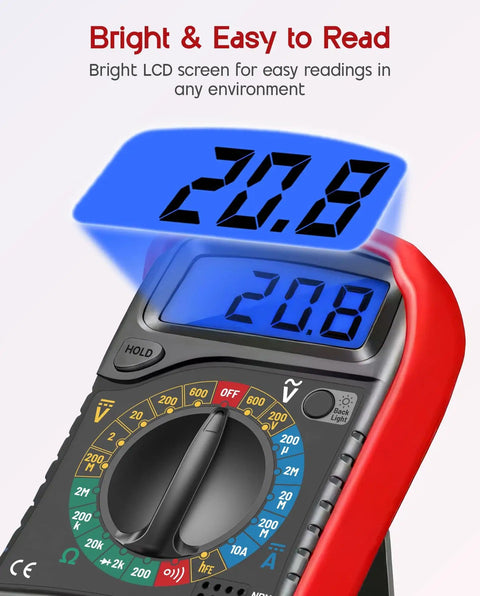 Digital Multimeter With Test Leads And Backlit LCD Display For Measuring AC DC Voltage DC Current Ohms Resistance Continuity And Diodes close-up