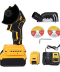 Kickass 3 Inch Brushless Mini Circular Saw With 12000 RPM And 3 Speed Settings, includes battery, discs, and charger.