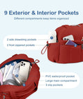 Maroon Lightweight Travel Duffel Bag For Women With Wet Pocket And Luggage Sleeve showing multiple zippered and slip pockets