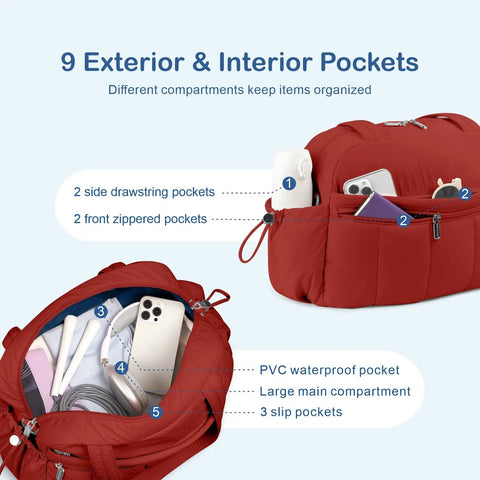 compact travel duffel bag Maroon Lightweight Travel Duffel Bag For Women With Wet Pocket And Luggage  Sleeve Puffer Gym Tote For Carry On Weekender Comfortable Dual Straps Water
