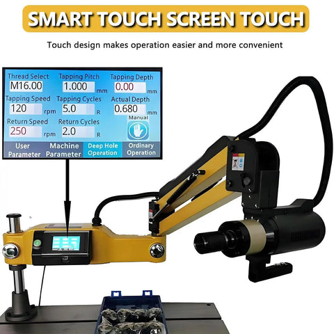 Badass Heavy Duty Electric Tapping Machine Featuring A Slick Flexible 1000Mm Arm Plus Smart Touch Display showing operational settings on screen.