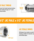 Diagram of 5 Pack 90 Degree JIC 37 Degree Hydraulic Elbow Fittings Half Inch JIC Male X Half Inch JIC Female With Beefed-Up Protection Cover Swivel Crimp for tough hydraulic hose runs.