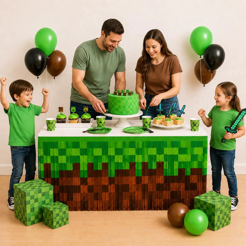 Two Pack Pixel Miner Party Table Skirts With Classic Green And Brown Block Pattern For Sick Gamer Birthday Decorations and Next Level 8 Bit Video Game Themed Party Supplies That Bring Ultimate Arcade Vibes To Your Party Table Setup. Family celebrates with cake at pixel-themed setup.