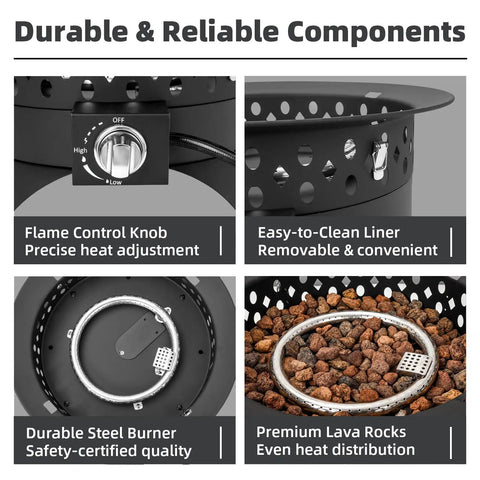 20 Inch Outdoor Fire Pit With Grill, Smokeless Propane Burner Delivers 60000 BTU Heat, flame control knob, components