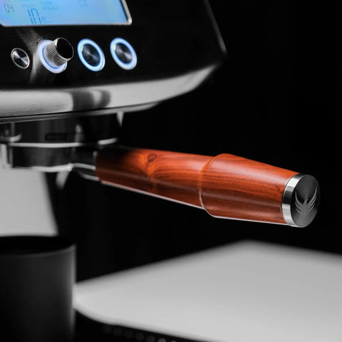 Level Up Your Home Barista Setup With This 58mm Bottomless Portafilter For Breville Dual Boiler Oracle Espresso Machine Rosewood Handle close-up.