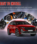 Red SUV car with collage of vehicle parts and text 'Easy to Install' illustrating automotive ease of maintenance benefits.