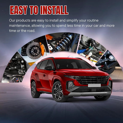 Red SUV showcasing installation of car parts with images of brakes, suspension, and engine components in the background.