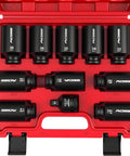 One Half Inch Drive Deep Impact Socket Set, 11-Piece Metric Socket Kit With 27mm To 38mm Sizes in a red carrying case