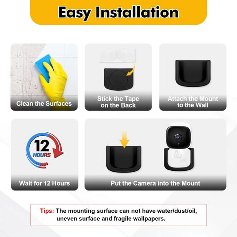 Easy installation steps for Rock Solid Self Adhesive Tapo Camera Mount 4 Pack Wall Bracket for Tp Link C100 C111 security cameras.