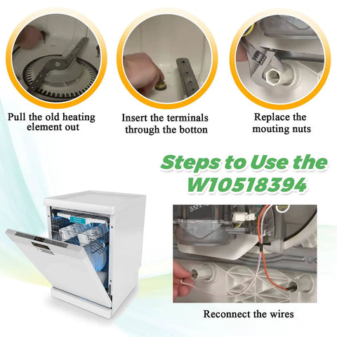 Installation steps for Dishwasher Heating Element For Whirlpool Kenmore Amana Maytag replaces W10518394, showing connections.
