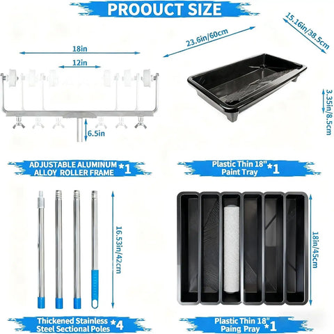 Product size details for 18 Inch Paint Roller Kit With Long Reach Pole And Deep Paint Tray For Fast Wall Ceiling Application.