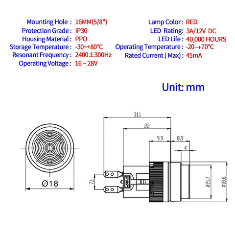 Technical diagram of 16mm Red Buzzer Indicator Light Lamp 12V DC LED with 0.63 Inch Round Cap Alarm Signal, electrical specifications