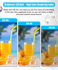 Three stages of LED bulb brightness in oranges and juice with ice, comparing CRI levels, featuring Brighttever LED Bulbs.