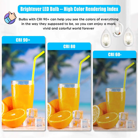Three stages of LED bulb brightness in oranges and juice with ice, comparing CRI levels, featuring Brighttever LED Bulbs.